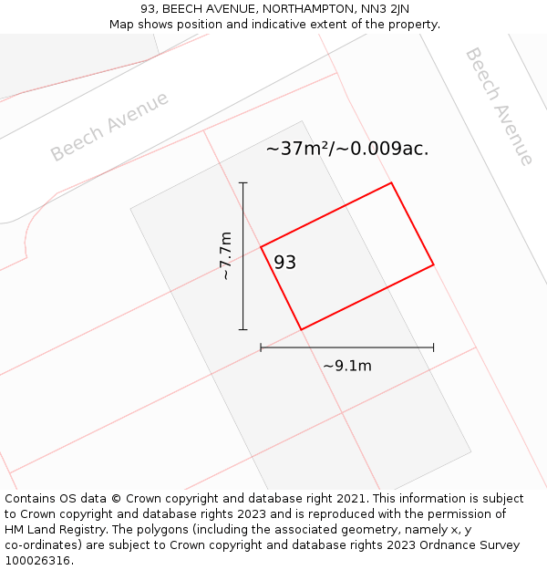 93, BEECH AVENUE, NORTHAMPTON, NN3 2JN: Plot and title map