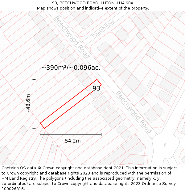 93, BEECHWOOD ROAD, LUTON, LU4 9RX: Plot and title map