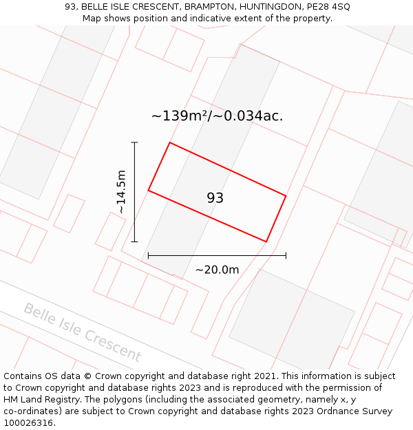 93, BELLE ISLE CRESCENT, BRAMPTON, HUNTINGDON, PE28 4SQ: Plot and title map
