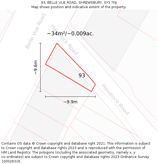 93, BELLE VUE ROAD, SHREWSBURY, SY3 7NJ: Plot and title map