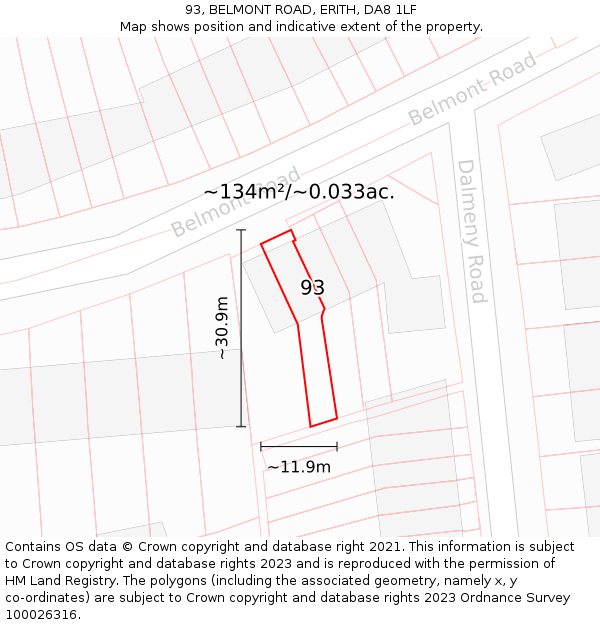 93, BELMONT ROAD, ERITH, DA8 1LF: Plot and title map