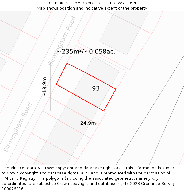 93, BIRMINGHAM ROAD, LICHFIELD, WS13 6PL: Plot and title map