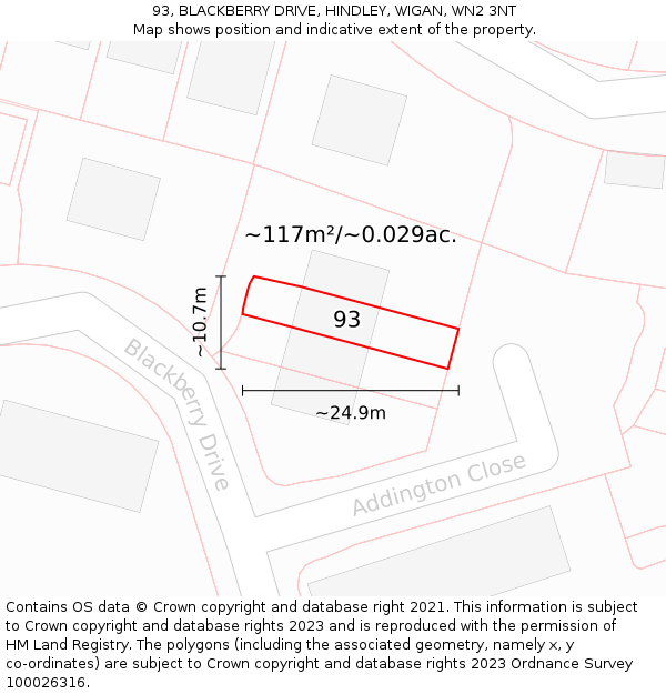 93, BLACKBERRY DRIVE, HINDLEY, WIGAN, WN2 3NT: Plot and title map