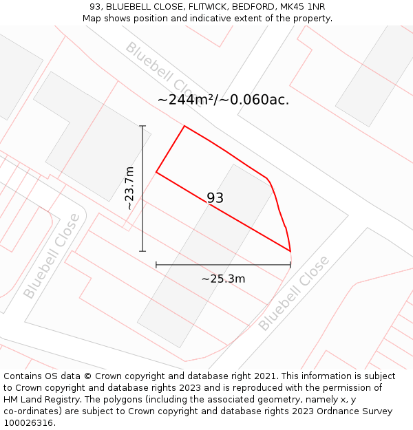 93, BLUEBELL CLOSE, FLITWICK, BEDFORD, MK45 1NR: Plot and title map