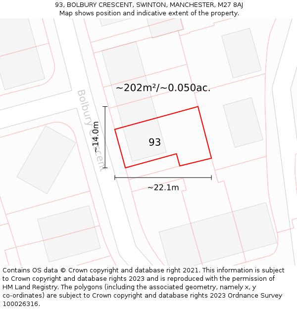 93, BOLBURY CRESCENT, SWINTON, MANCHESTER, M27 8AJ: Plot and title map