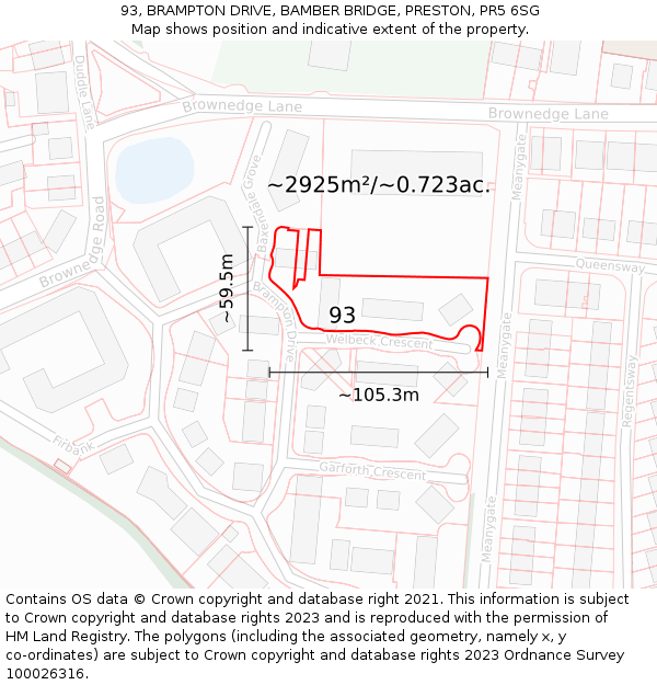 93, BRAMPTON DRIVE, BAMBER BRIDGE, PRESTON, PR5 6SG: Plot and title map
