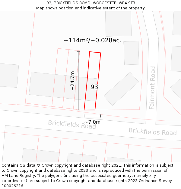 93, BRICKFIELDS ROAD, WORCESTER, WR4 9TR: Plot and title map
