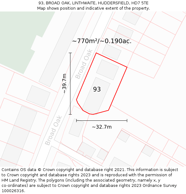 93, BROAD OAK, LINTHWAITE, HUDDERSFIELD, HD7 5TE: Plot and title map