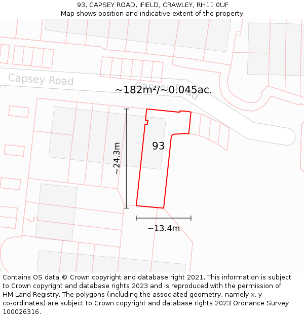 93, CAPSEY ROAD, IFIELD, CRAWLEY, RH11 0UF: Plot and title map