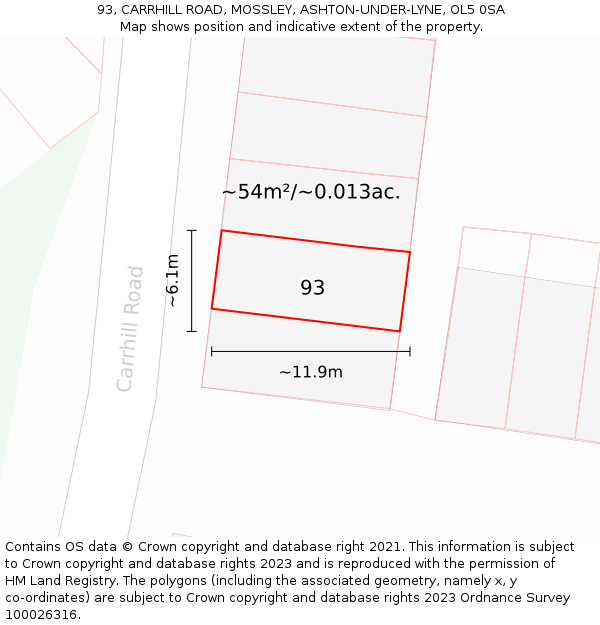 93, CARRHILL ROAD, MOSSLEY, ASHTON-UNDER-LYNE, OL5 0SA: Plot and title map