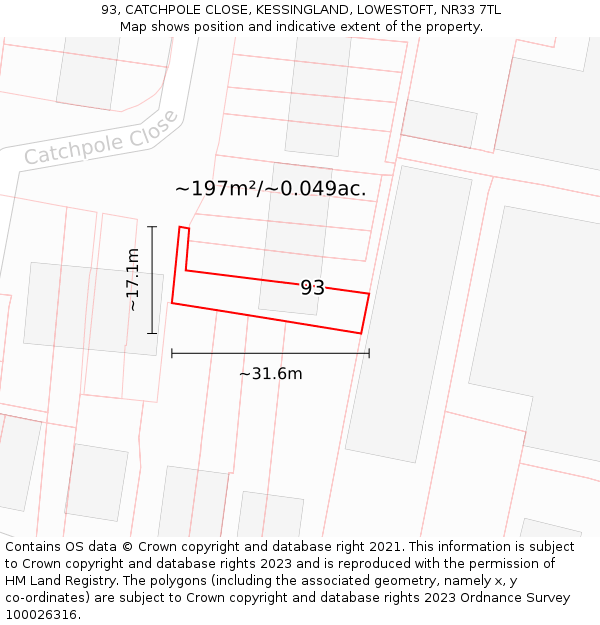 93, CATCHPOLE CLOSE, KESSINGLAND, LOWESTOFT, NR33 7TL: Plot and title map