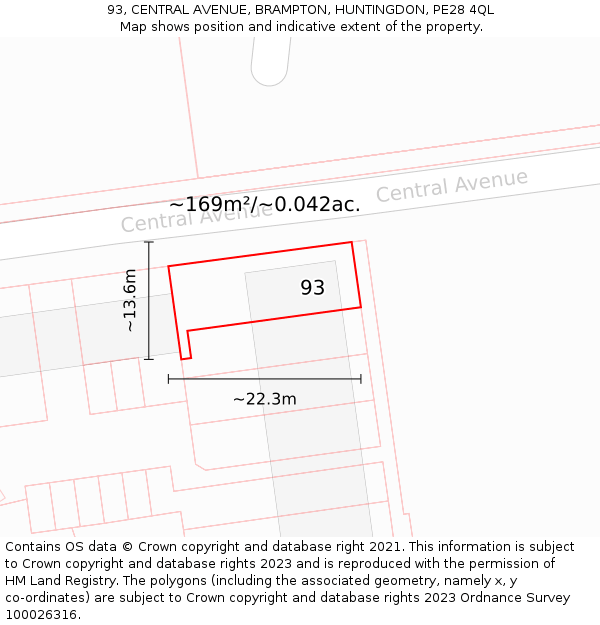 93, CENTRAL AVENUE, BRAMPTON, HUNTINGDON, PE28 4QL: Plot and title map