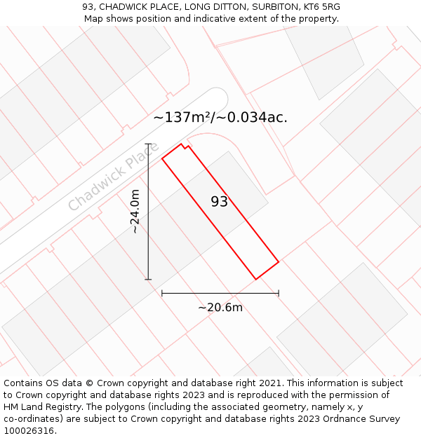 93, CHADWICK PLACE, LONG DITTON, SURBITON, KT6 5RG: Plot and title map