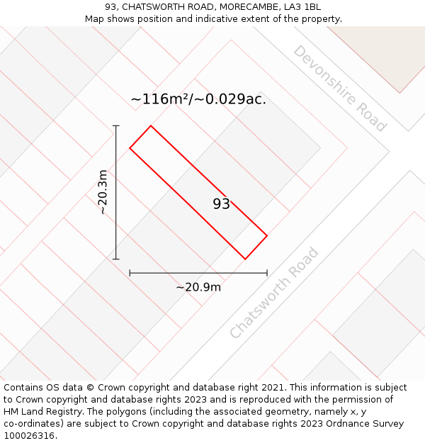 93, CHATSWORTH ROAD, MORECAMBE, LA3 1BL: Plot and title map