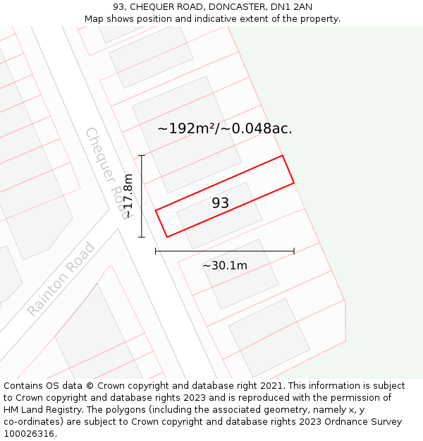 93, CHEQUER ROAD, DONCASTER, DN1 2AN: Plot and title map