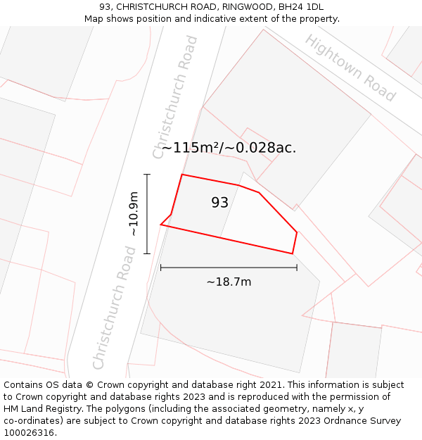93, CHRISTCHURCH ROAD, RINGWOOD, BH24 1DL: Plot and title map
