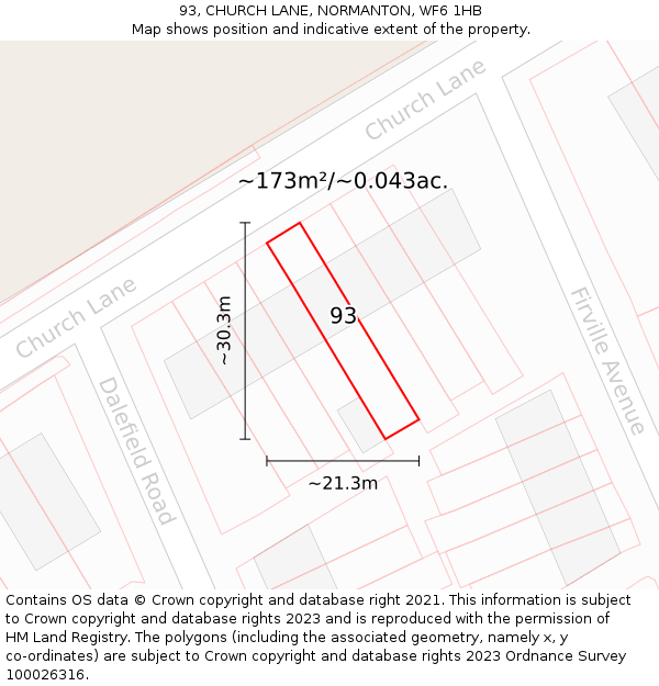 93, CHURCH LANE, NORMANTON, WF6 1HB: Plot and title map