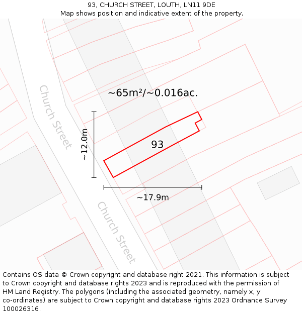 93, CHURCH STREET, LOUTH, LN11 9DE: Plot and title map