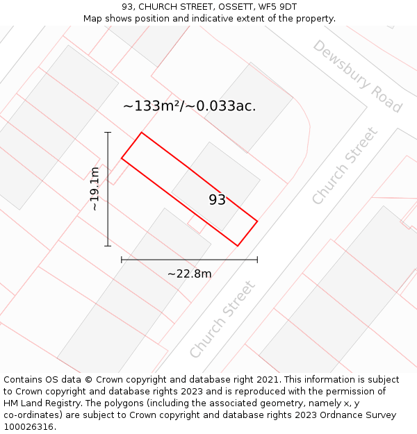 93, CHURCH STREET, OSSETT, WF5 9DT: Plot and title map