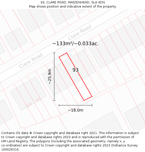 93, CLARE ROAD, MAIDENHEAD, SL6 4DN: Plot and title map