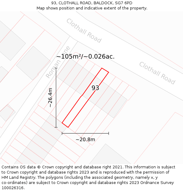 93, CLOTHALL ROAD, BALDOCK, SG7 6PD: Plot and title map