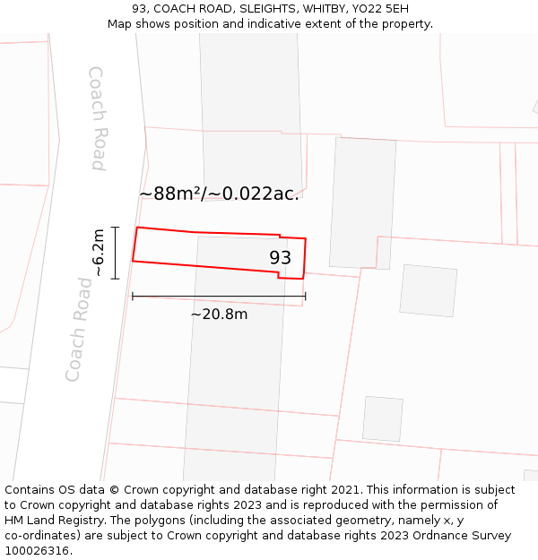93, COACH ROAD, SLEIGHTS, WHITBY, YO22 5EH: Plot and title map