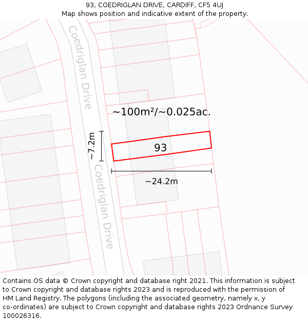 93, COEDRIGLAN DRIVE, CARDIFF, CF5 4UJ: Plot and title map
