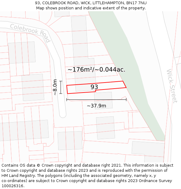 93, COLEBROOK ROAD, WICK, LITTLEHAMPTON, BN17 7NU: Plot and title map