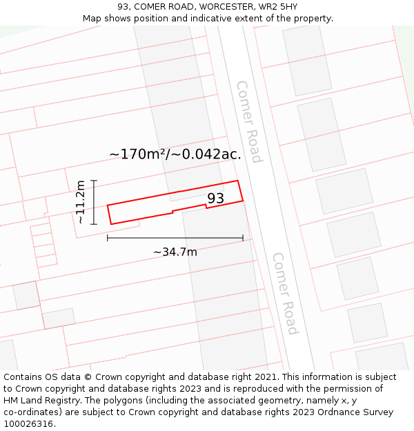 93, COMER ROAD, WORCESTER, WR2 5HY: Plot and title map
