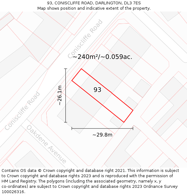 93, CONISCLIFFE ROAD, DARLINGTON, DL3 7ES: Plot and title map