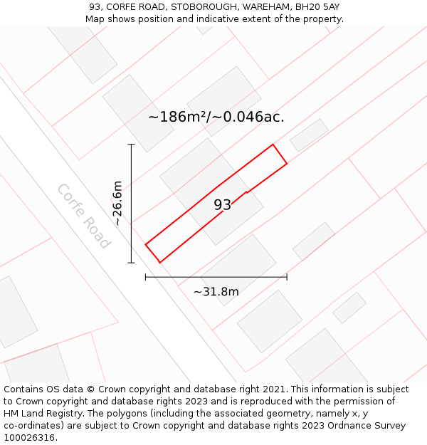 93, CORFE ROAD, STOBOROUGH, WAREHAM, BH20 5AY: Plot and title map