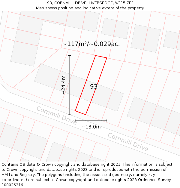 93, CORNMILL DRIVE, LIVERSEDGE, WF15 7EF: Plot and title map
