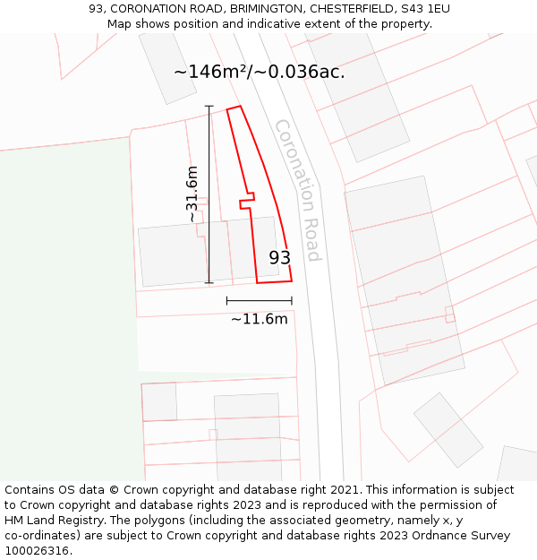 93, CORONATION ROAD, BRIMINGTON, CHESTERFIELD, S43 1EU: Plot and title map