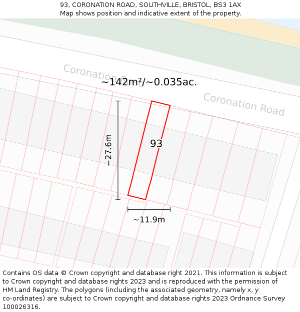 93, CORONATION ROAD, SOUTHVILLE, BRISTOL, BS3 1AX: Plot and title map