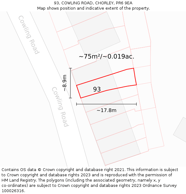 93, COWLING ROAD, CHORLEY, PR6 9EA: Plot and title map