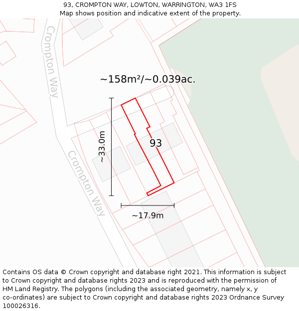 93, CROMPTON WAY, LOWTON, WARRINGTON, WA3 1FS: Plot and title map