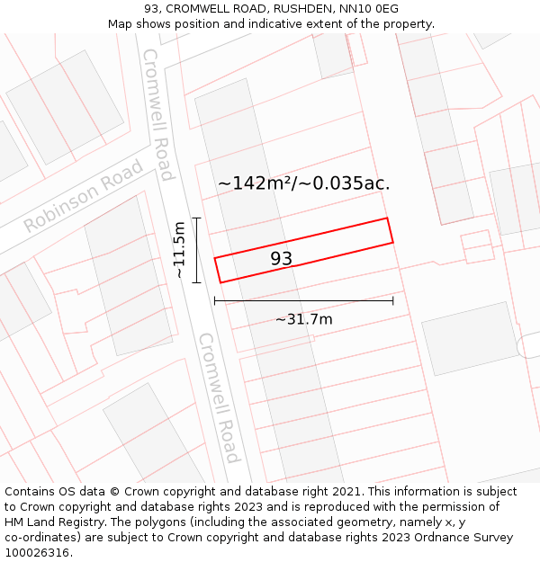 93, CROMWELL ROAD, RUSHDEN, NN10 0EG: Plot and title map