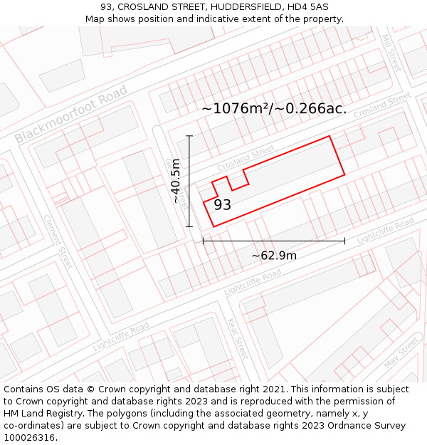93, CROSLAND STREET, HUDDERSFIELD, HD4 5AS: Plot and title map