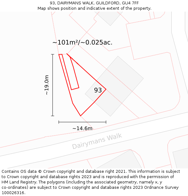 93, DAIRYMANS WALK, GUILDFORD, GU4 7FF: Plot and title map