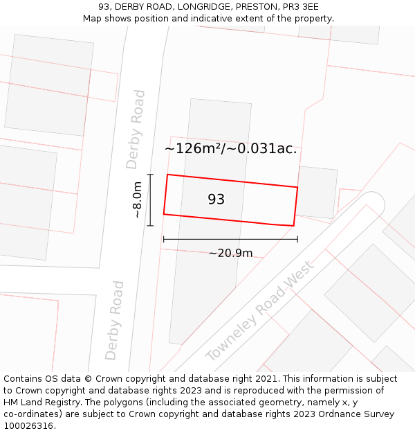 93, DERBY ROAD, LONGRIDGE, PRESTON, PR3 3EE: Plot and title map