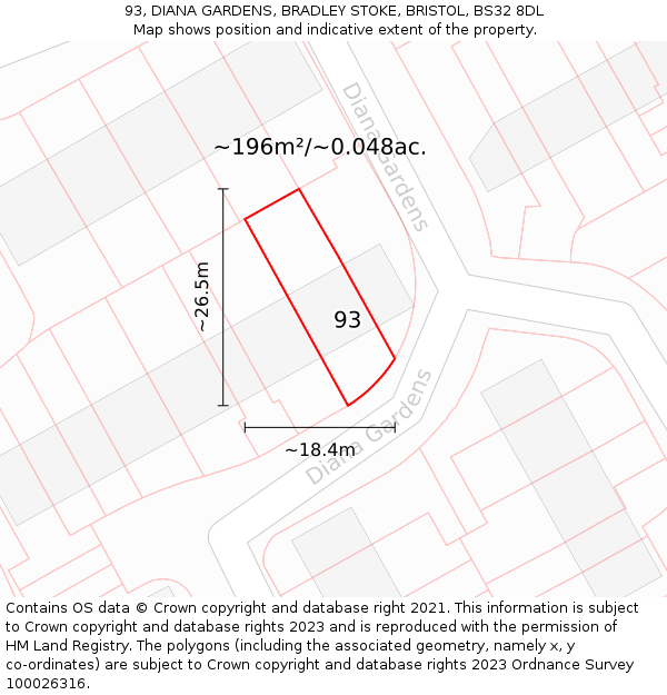 93, DIANA GARDENS, BRADLEY STOKE, BRISTOL, BS32 8DL: Plot and title map