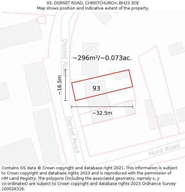 93, DORSET ROAD, CHRISTCHURCH, BH23 3DE: Plot and title map