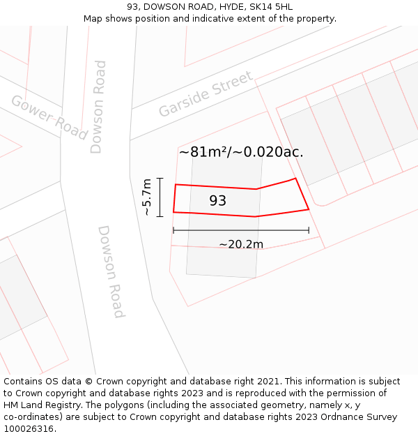 93, DOWSON ROAD, HYDE, SK14 5HL: Plot and title map