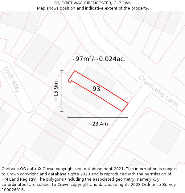 93, DRIFT WAY, CIRENCESTER, GL7 1WN: Plot and title map