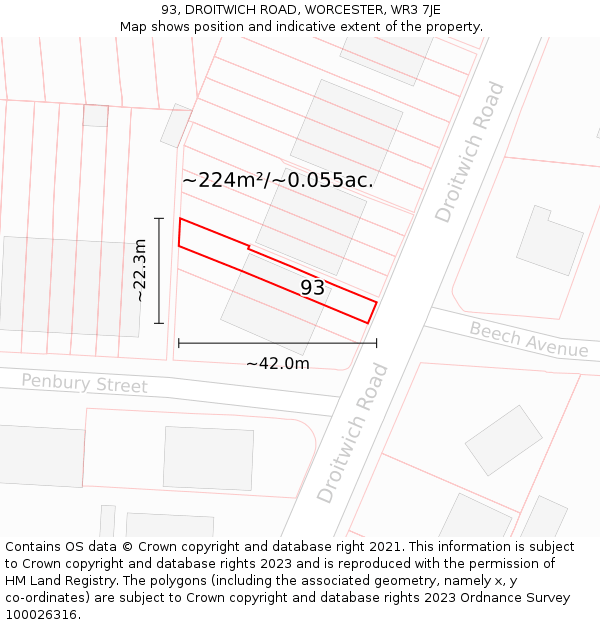 93, DROITWICH ROAD, WORCESTER, WR3 7JE: Plot and title map