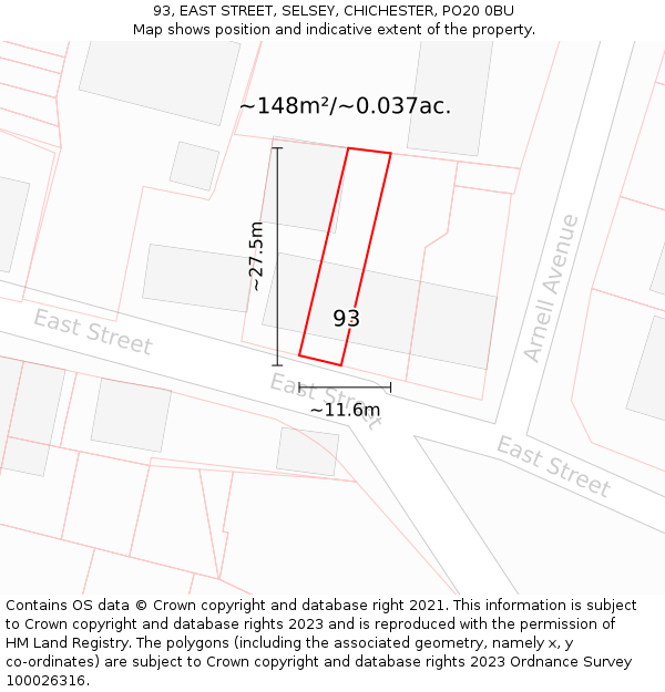 93, EAST STREET, SELSEY, CHICHESTER, PO20 0BU: Plot and title map
