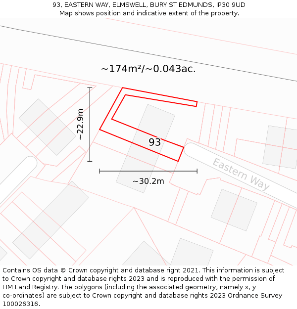 93, EASTERN WAY, ELMSWELL, BURY ST EDMUNDS, IP30 9UD: Plot and title map