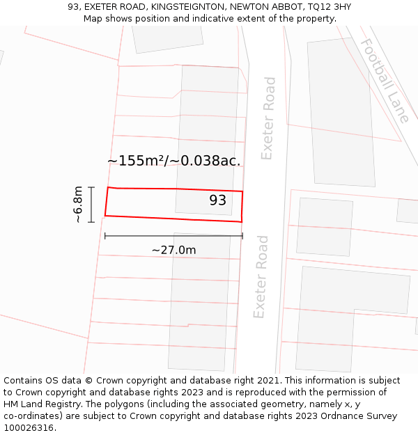 93, EXETER ROAD, KINGSTEIGNTON, NEWTON ABBOT, TQ12 3HY: Plot and title map