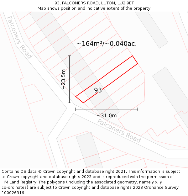 93, FALCONERS ROAD, LUTON, LU2 9ET: Plot and title map