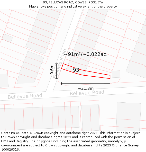 93, FELLOWS ROAD, COWES, PO31 7JW: Plot and title map